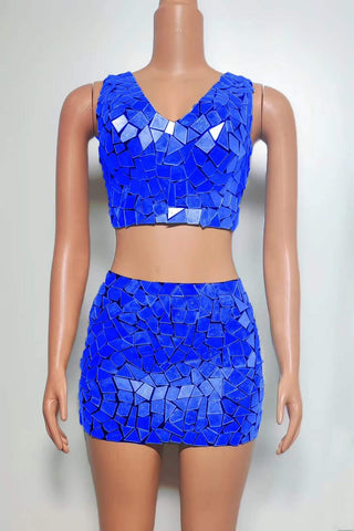 Geometric Mirror Mosaic Crop Top and Mini Skirt Set