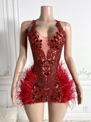 Ships in 1 to 3 Days - Glamorous Feathered Mini Dress with Jewel Embellishments