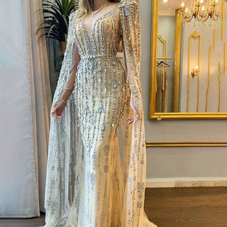 Ships in 1 to 3 Days - Gold Luxury Cape Sleeve Evening Dress - Beaded A-Line High-end Gown, 2024, for Women's Party