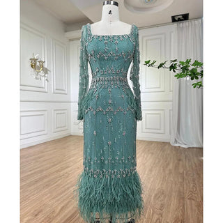 Ships in 1 to 3 Days - Bling Gray Mermaid Arabic Evening Dress with Cape Feather: Prom Formal Attire for Women's Wedding Party