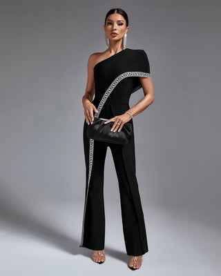 Ships in 1 to 3 Days - One-Shoulder Jumpsuit with Geometric Trim