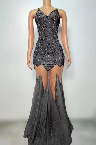 Sparkling Sheer Illusion Gown with Crystal Embellishments and Tulle Train