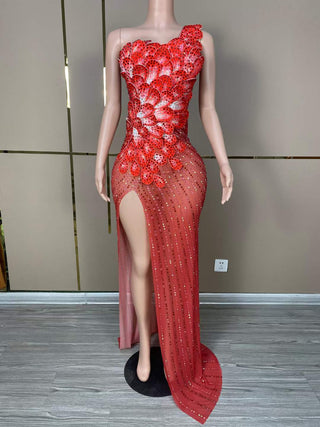 Dazzling One-Shoulder Beaded Gown with High Slit