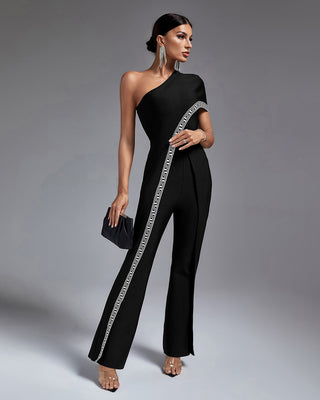 Ships in 1 to 3 Days - One-Shoulder Jumpsuit with Geometric Trim