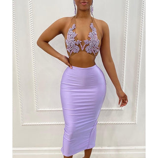 Elegant Lavender Embellished Halter Midi Dress