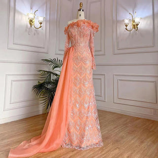 Elegant Peach Mermaid Arabic Evening Dress 2024 - One Shoulder, Luxury Pearls, Beaded Gown for Women's Party