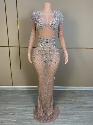 Opulent Sheer Crystal-Embellished Long Sleeve Gown