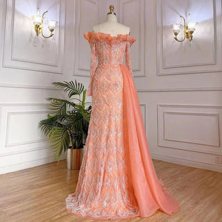 Elegant Peach Mermaid Arabic Evening Dress 2024 - One Shoulder, Luxury Pearls, Beaded Gown for Women's Party