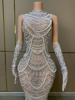 Exquisite Pearl-Embellished Sheer Bodycon Gown with Matching Gloves