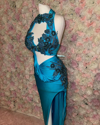 Luxurious Halter Neck Embellished Gown with Appliques and High Slit