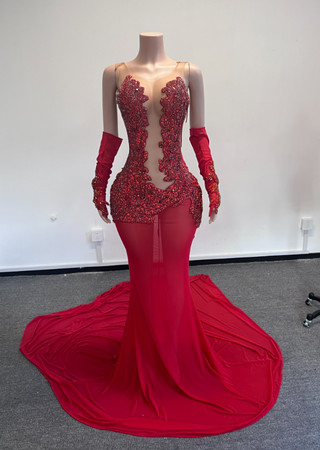 Red Sequin Gown with Sheer Bodice and Intricate Beadwork