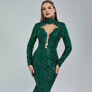 Emerald Green Sequin-Embellished Mermaid Gown with High Neck and Dramatic Train