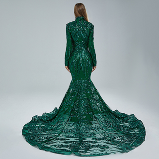 Emerald Green Sequin-Embellished Mermaid Gown with High Neck and Dramatic Train