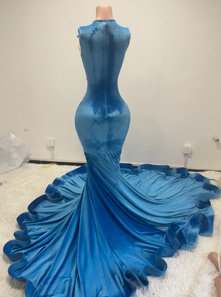 Elegant Velvet Blue Mermaid Gown with Intricate Silver Beading