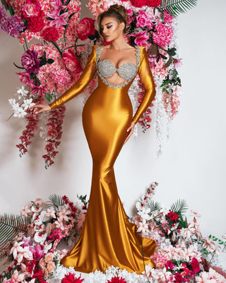 Golden Elegance Mermaid Gown with Jewel Embellishments