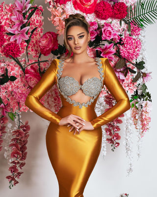 Golden Elegance Mermaid Gown with Jewel Embellishments