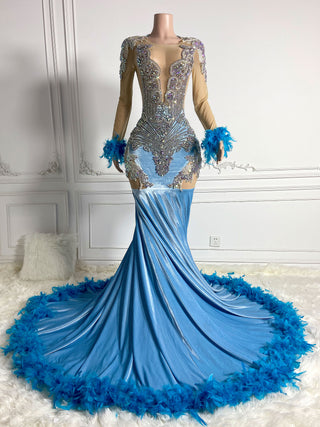 Ships in 1 to 3 Days - Enchanted Ice Blue Feather-Trimmed Evening Gown