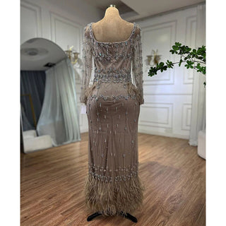 Ships in 1 to 3 Days - Bling Gray Mermaid Arabic Evening Dress with Cape Feather: Prom Formal Attire for Women's Wedding Party