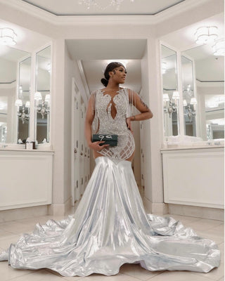 Extravagant Silver Mermaid Gown with Crystal Embellishments