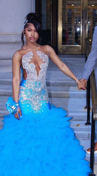 Glamorous Crystal-Embellished Mermaid Gown with Cascading Ruffle Train