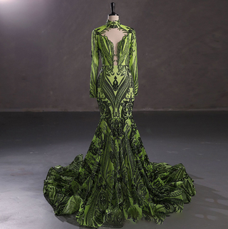 Emerald Green Sequin-Embellished Mermaid Gown with High Neck and Dramatic Train