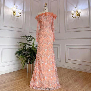 Elegant Peach Mermaid Arabic Evening Dress 2024 - One Shoulder, Luxury Pearls, Beaded Gown for Women's Party