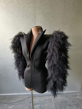 Chic Deep V-Neck Blazer Dress with Feathered Sleeves