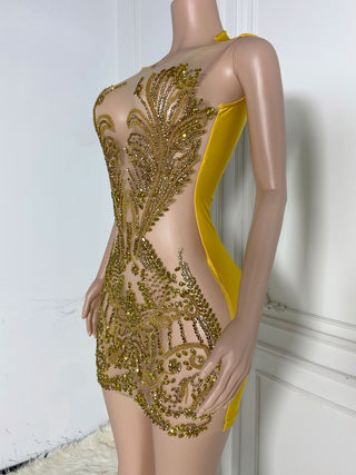 Sheer Illusion Mini Dress with Intricate Beadwork and High Neckline