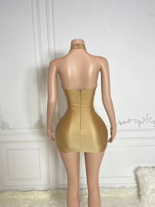 Luxurious Gold Sequin Mini Dress with Halter Neckline and Fringe Details