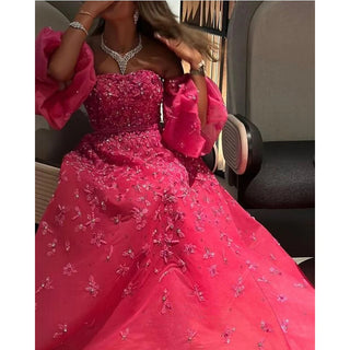 Fuchsia Elegant Strapless A-Line Evening Dress 2024 - Sparkly Puff Sleeves Crystal Beaded for Women's Party