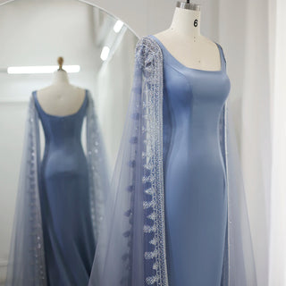 Luxury Crystal Blue Mermaid Dubai Evening Dresses with Cape Sleeves: Elegance for Arabic Women's Wedding Party Gowns