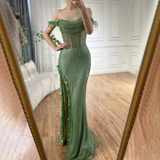 Arabic Green Crystal Luxury Dubai Evening Dresses Gowns High Slit Prom Dress for Women Wedding Party 2025