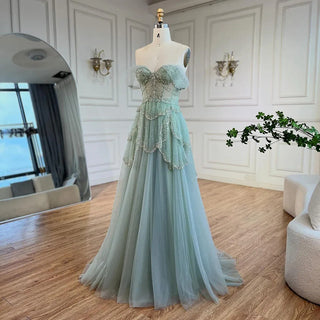 Ships in 1 to 3 Days - Arabic Sage Green A-Line Elegant Spaghetti Strap Luxury Beaded Evening Dress for Women Wedding Party 2024