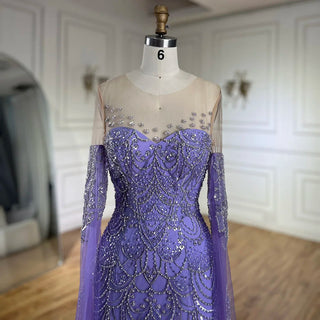 2024 Arabic Lilac Cape Sleeve Mermaid Luxury Dubai Evening Gown Beaded Dress for Women's Party