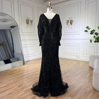 Ships in 1 to 3 Days - 2024 Arabic Gold Elegant Mermaid Black Luxury Beaded Evening Dress - Gown with Diamonds for Women's Wedding Party