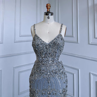 Arabic Grey Mermaid Evening Dress 2024 with Spaghetti Straps, Elegant Beaded Luxury - Ideal for Women's Party