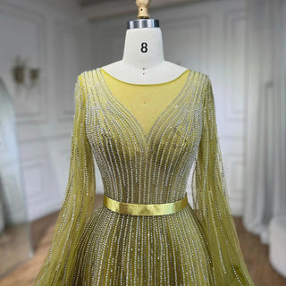 Arabic Yellow A-Line Elegant Beaded Evening Gown for Women's Wedding Party 2024