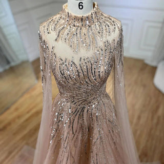 Caramel Dream: 2024 Luxury Evening Dress with Cape Sleeves - A-Line Beaded Lace Gown for Women's Wedding Party