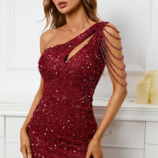 Sexy Slit Burgundy Sequin Dress - One-Shoulder Beaded Long Evening Party Maxi Dress for Women