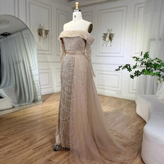 Ships in 1 to 3 Days - Arabia Nude Mermaid Boat Neck Evening Dress with Overskirt - Luxurious Attire for Women's Wedding Party 2024