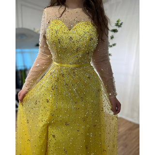 Arabic Yellow Illusion High Split Luxury Beaded Dubai Evening Dress: Elegant Gown for Women's Wedding Party 2024