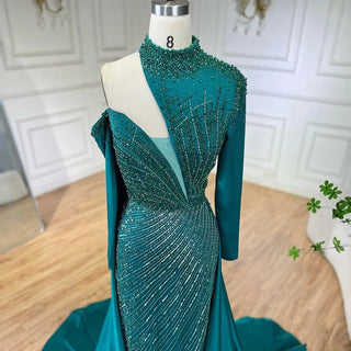 Arabic Green Elegant Mermaid One Shoulder Beaded Luxury Dubai Evening Dresses Gowns For Women Wedding Party