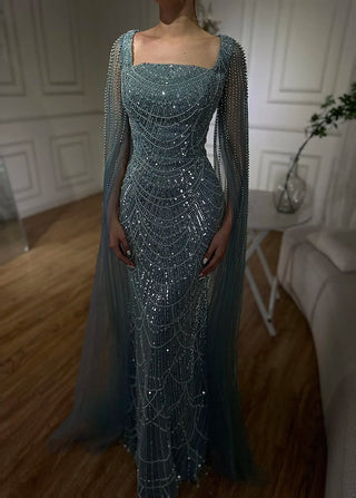 2024 Saudi Arabic Turquoise Mermaid Evening Dress - Beaded Pearls with Cape Sleeves for Formal Occasions