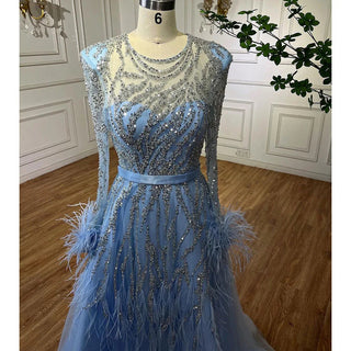 2024 Arabic Blue A-Line Evening Gown: Luxurious Beading and Feathers - Dubai-Inspired Elegance for Women's Wedding Party