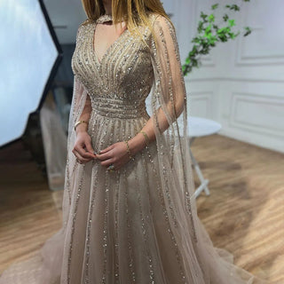 Arabic Blue A-Line Elegant Evening Dress: Luxurious Cape Sleeves with Beaded Embellishments for Women's Wedding Party 2024