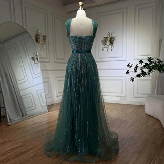 Dubai Azure: 2024 Turquoise Spaghetti Strap A-Line Luxury Beaded Evening Dress - Gown for Women's Wedding Party