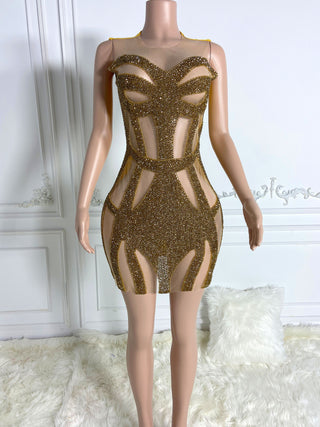 Ships in 1 to 3 Days - Glittering Cut-Out Bodice Mini Dress with Rhinestone Embellishments