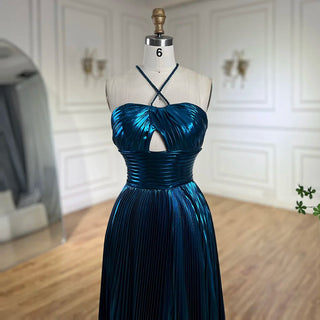 Ships in 1 to 3 Days - Arabic Navy Blue Halter Straps Front Slit Mermaid Beaded Evening Gown for Women Wedding Party 2024