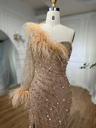 2024 Caramel One-Shoulder Mermaid Luxury Beaded Evening Gown with Feathers - Elegant for Women's Parties