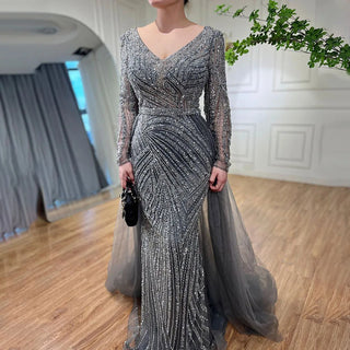 Ships in 1 to 3 Days - Sapphire Serenity: Elegant Beaded V-Neck Mermaid Gown in Blue Grey Party 2024